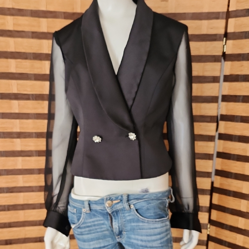 J.R. Nites Evening Black Sheer Sleeve Blazer Top